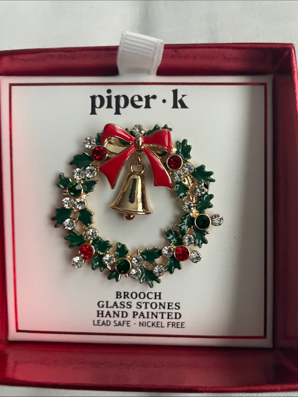 Piper • K Gold Bell Wreath Brooch with Red and Green Accents NIB - Picture 2 of 5